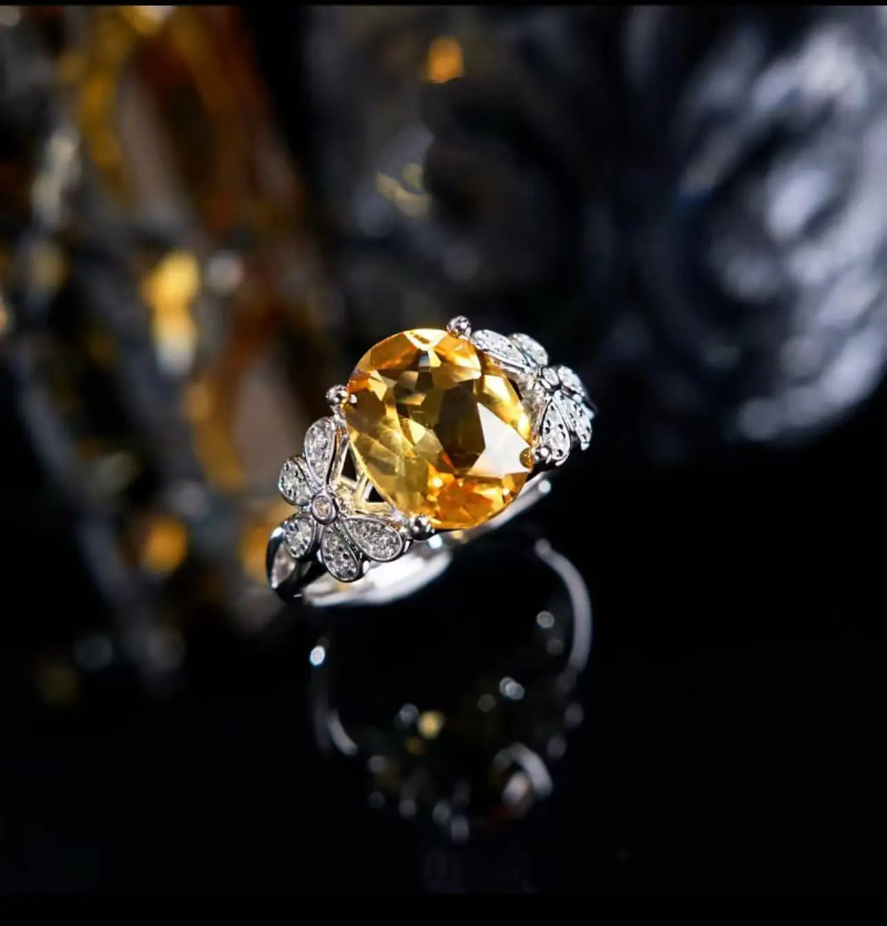 S925 Ovale Cabochon Gele Kristal Ring