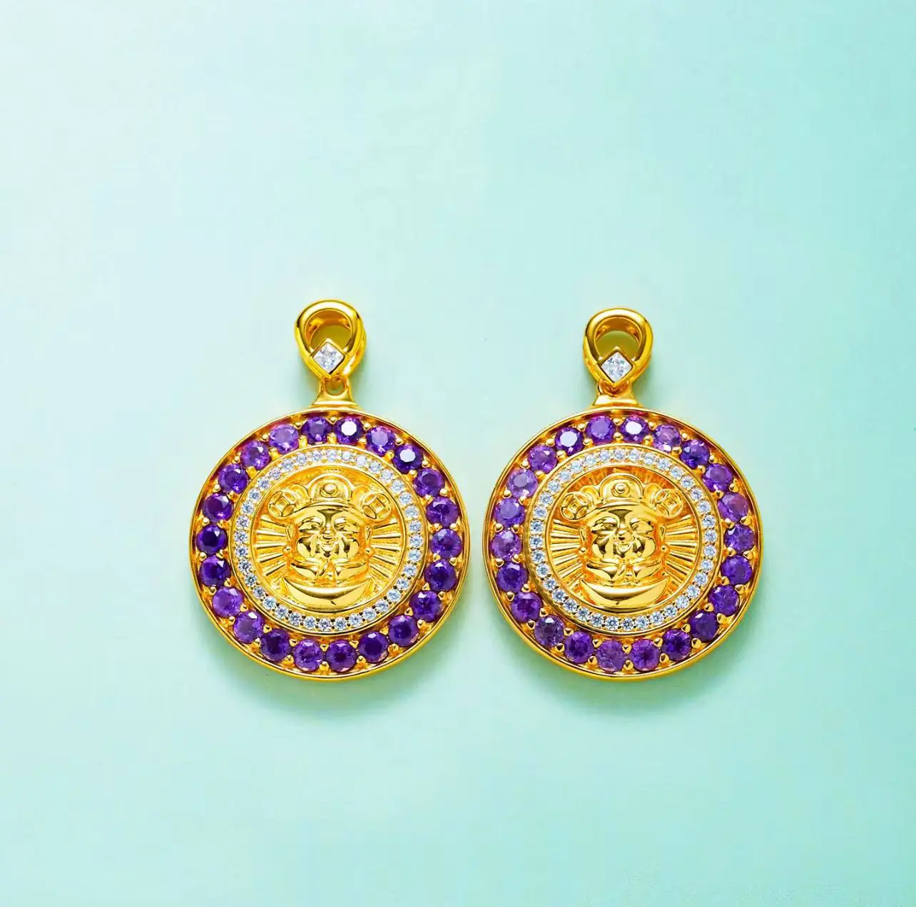 S925 Paarse kristallen Hanger-ronde munt met God van Welvaart - Afbeelding 2