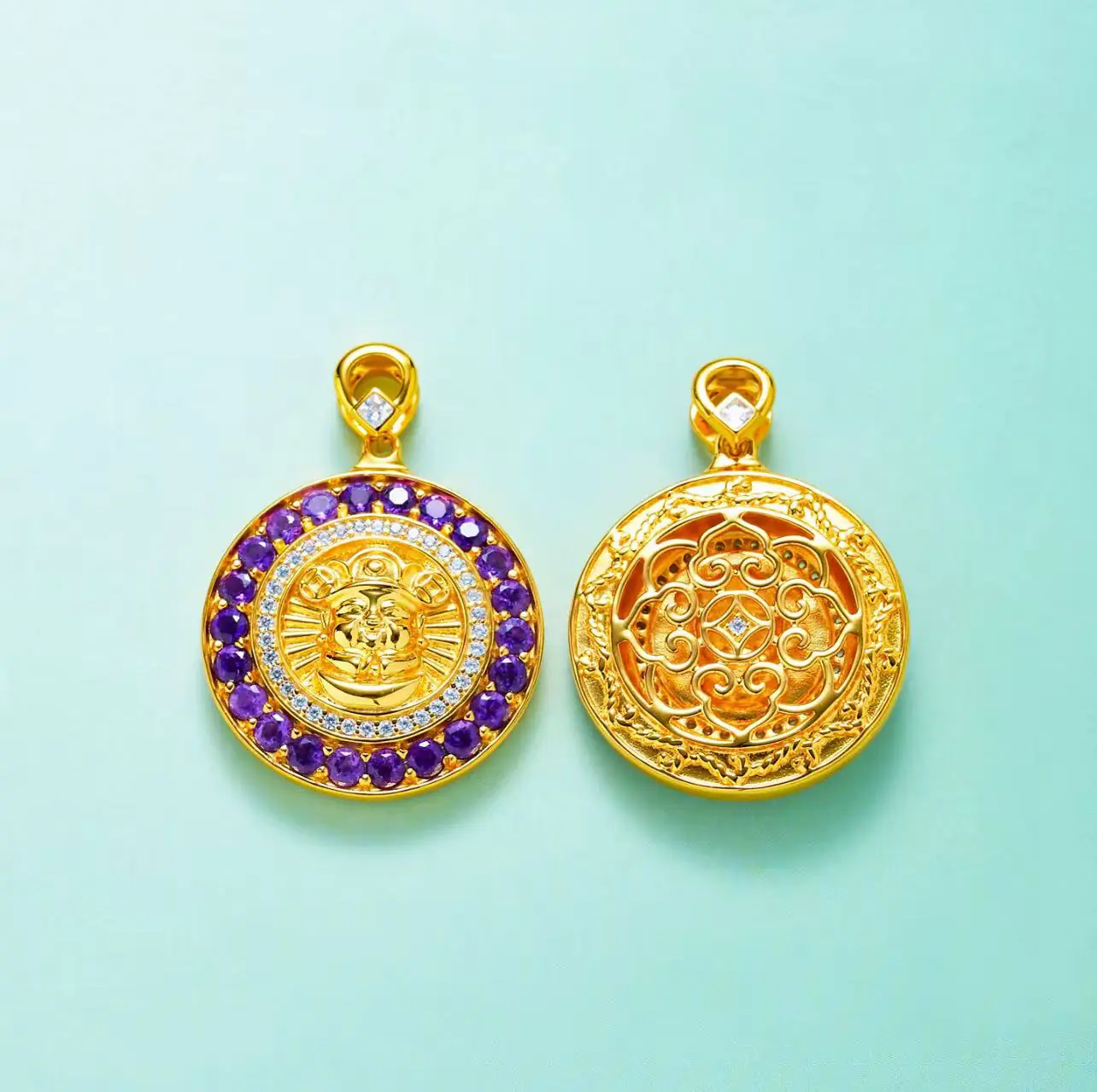 S925 Paarse kristallen Hanger-ronde munt met God van Welvaart - Afbeelding 3