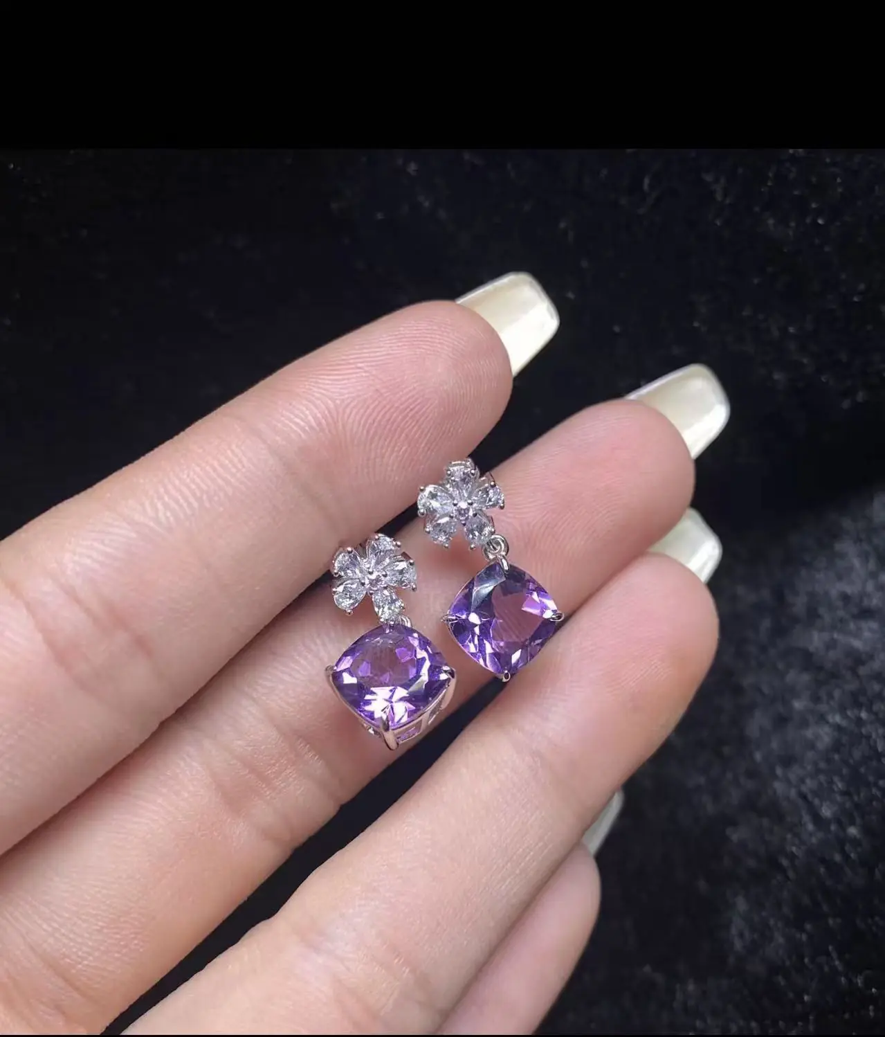 S925 zilver ingelegde Amethist Oorbellen - Afbeelding 2